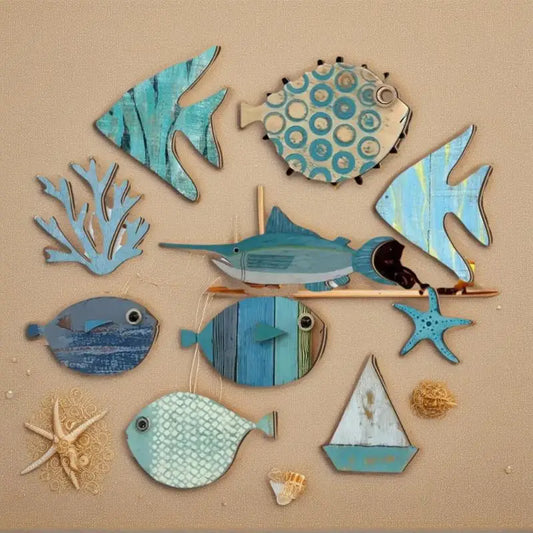 10pcs/set Fish Wall Decor Wooden Fish Hanging Beach Theme Bathroom Art Nautical Coastal Ocean Home Decoration