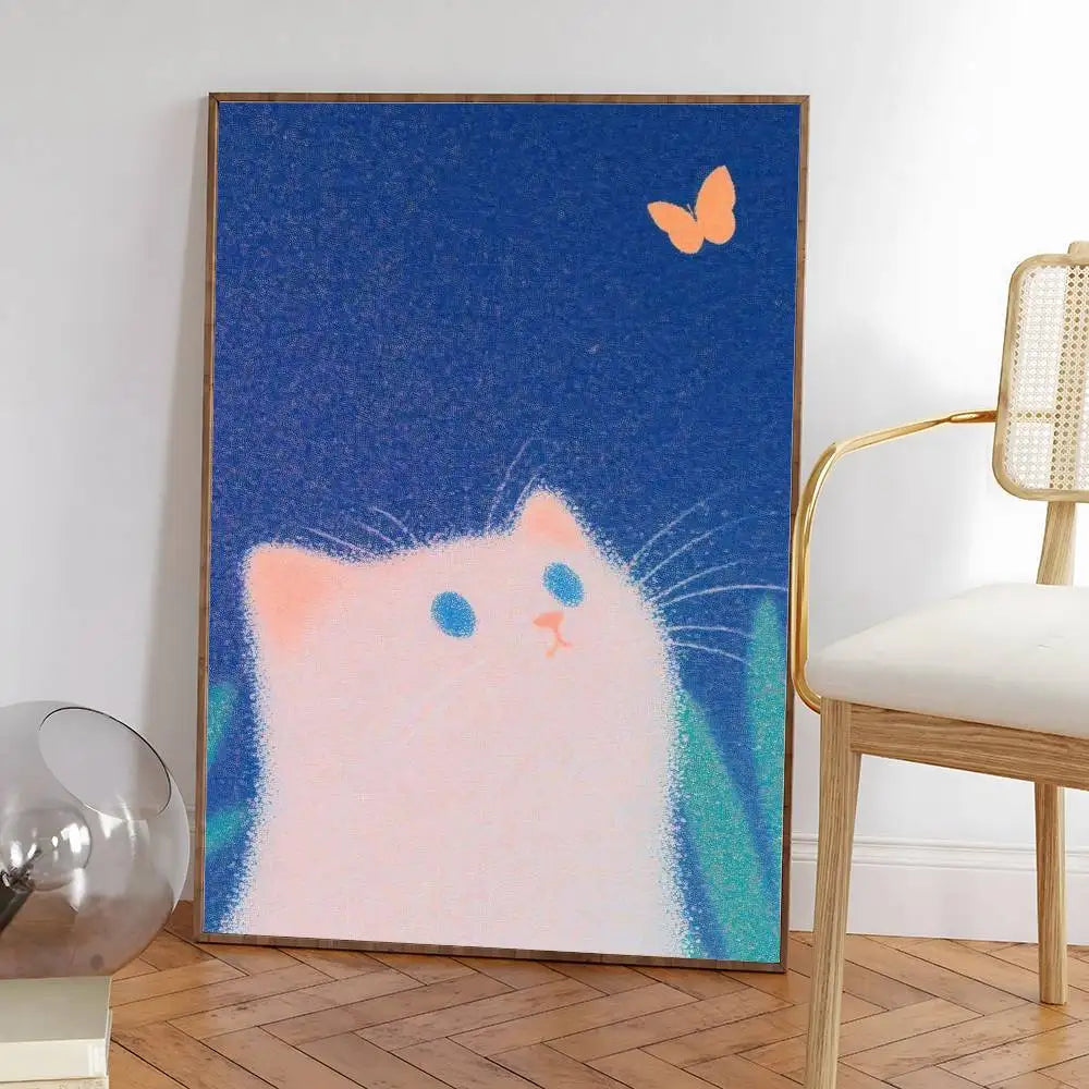 Colorful cute cat in the room Canvas Poster  Waterproof Coffee House Bar fashion Room Decor
