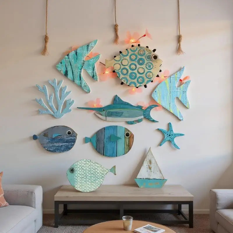 10pcs/set Fish Wall Decor Wooden Fish Hanging Beach Theme Bathroom Art Nautical Coastal Ocean Home Decoration
