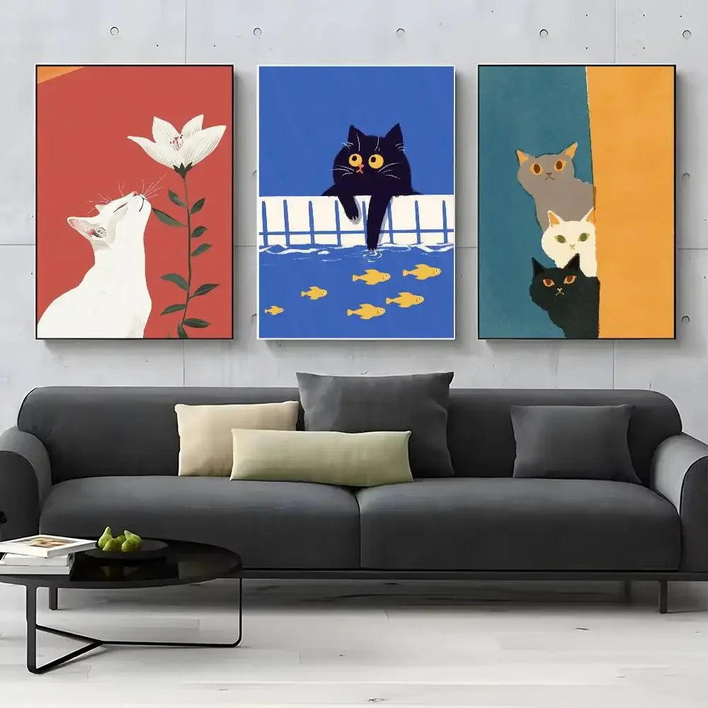 Colorful cute cat in the room Canvas Poster  Waterproof Coffee House Bar fashion Room Decor