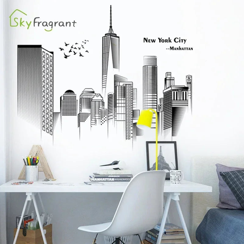 Manhattan Wall Sticker Creative Bedroom Decor Home Black And White Art Stickers Living Room Background Wall Decor Self-adhesive