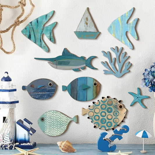 Handcrafted Wooden Ocean Wall Decor - Fish, Coral, Starfish & Sailboat Set for Home/Bathroom, Coastal Style Art