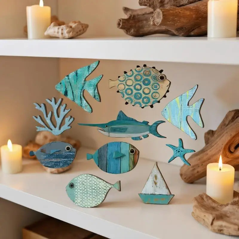 10pcs/set Fish Wall Decor Wooden Fish Hanging Beach Theme Bathroom Art Nautical Coastal Ocean Home Decoration