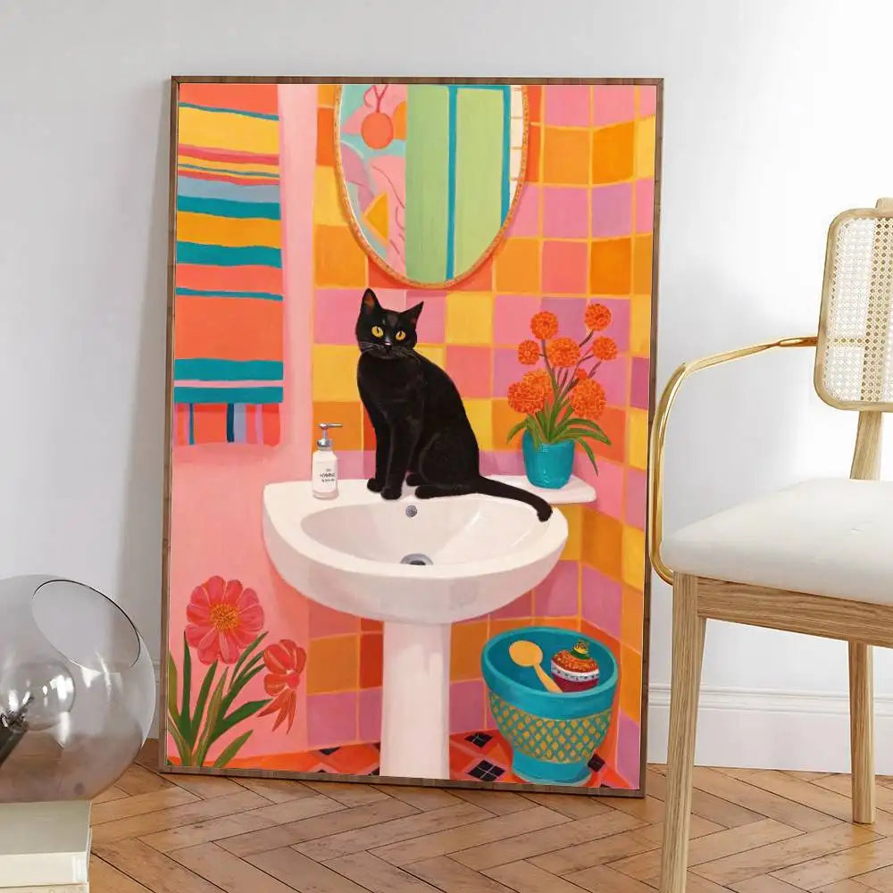 Colorful cute cat in the room Canvas Poster  Waterproof Coffee House Bar fashion Room Decor