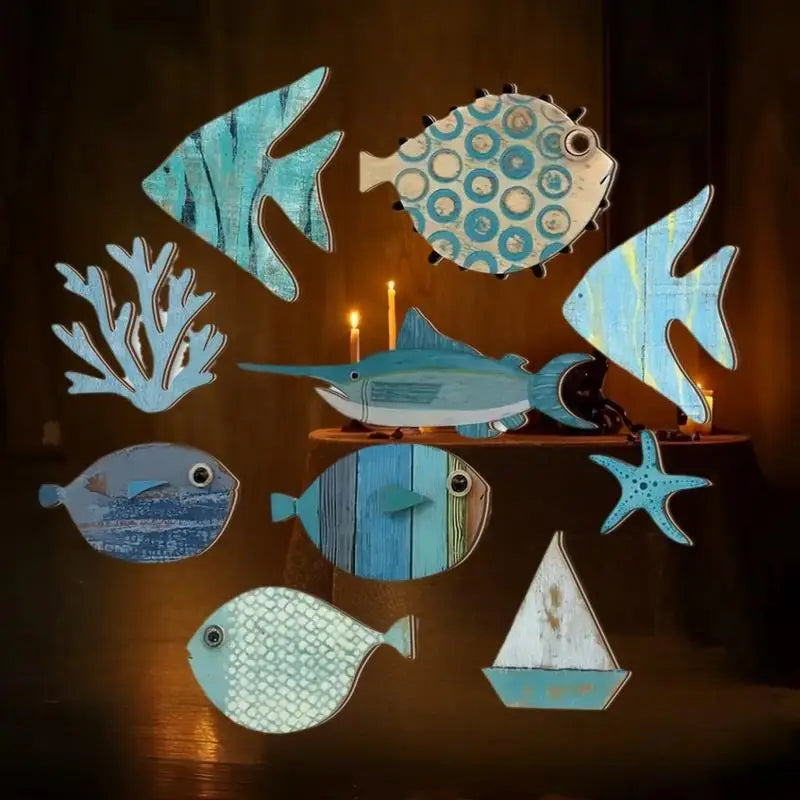 10pcs/set Fish Wall Decor Wooden Fish Hanging Beach Theme Bathroom Art Nautical Coastal Ocean Home Decoration