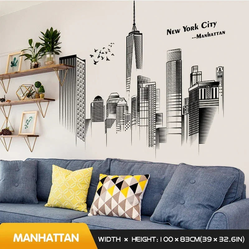 Manhattan Wall Sticker Creative Bedroom Decor Home Black And White Art Stickers Living Room Background Wall Decor Self-adhesive