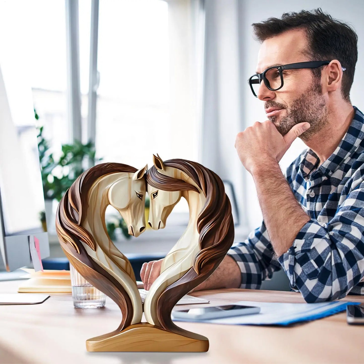 2D Wood Horse Room Decor Horse Statues Home Decor Snuggle Pose Animal Sculpture For Workplace Exhibition Hall Shelf Living Room