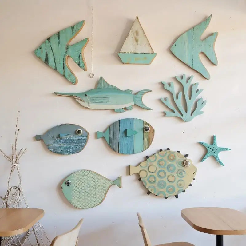 10pcs/set Fish Wall Decor Wooden Fish Hanging Beach Theme Bathroom Art Nautical Coastal Ocean Home Decoration