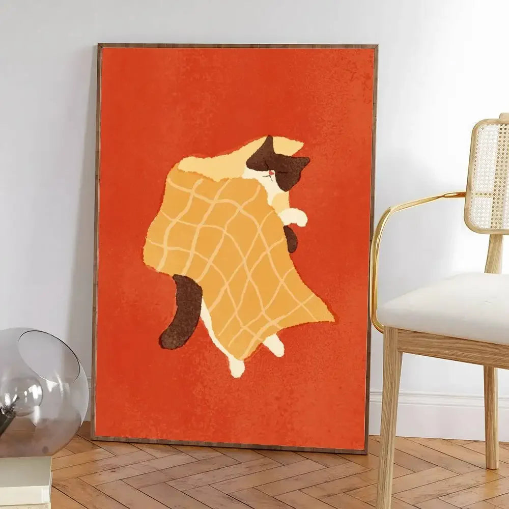 Colorful cute cat in the room Canvas Poster  Waterproof Coffee House Bar fashion Room Decor