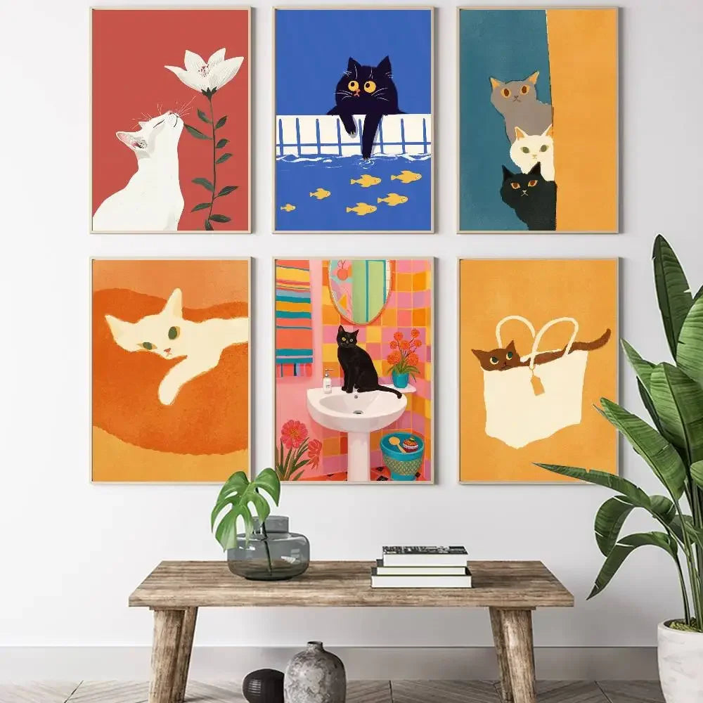 Colorful cute cat in the room Canvas Poster  Waterproof Coffee House Bar fashion Room Decor