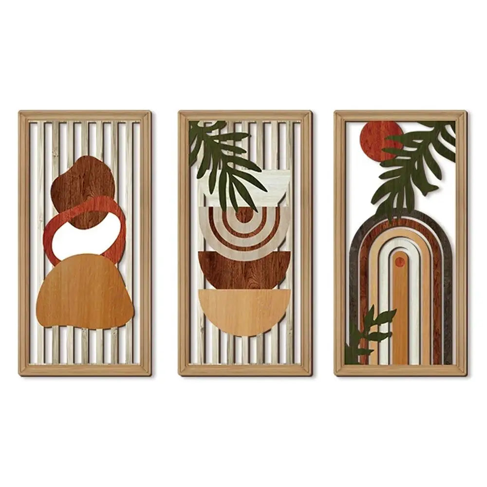 Modern Line Hollow Wooden Art Wall Decor Abstract Geometric Wall Sculptures Banana Leaves Bohemian Wall Art Decor