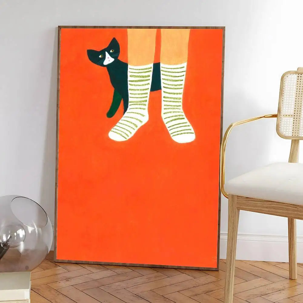 Colorful cute cat in the room Canvas Poster  Waterproof Coffee House Bar fashion Room Decor