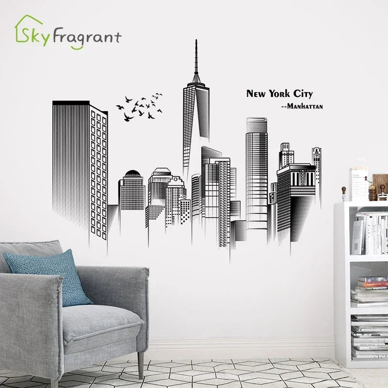 Manhattan Wall Sticker Creative Bedroom Decor Home Black And White Art Stickers Living Room Background Wall Decor Self-adhesive