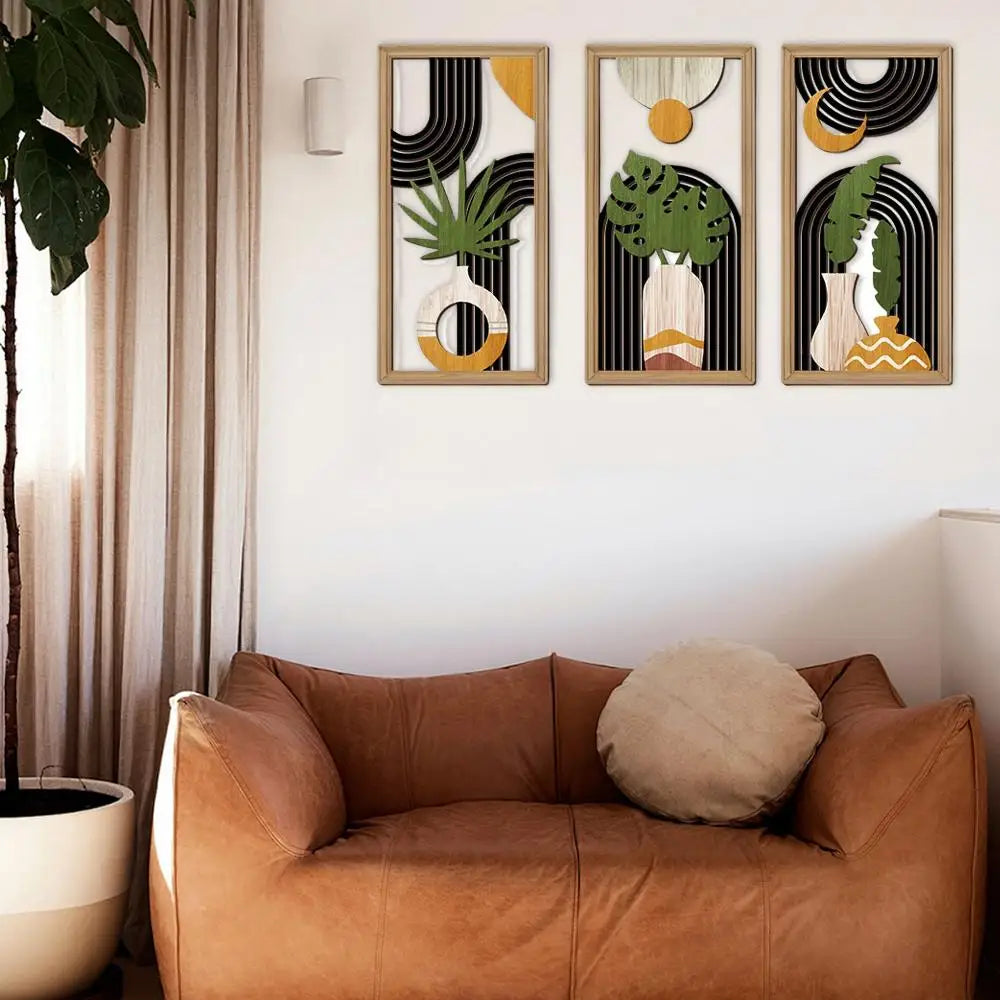Modern Line Hollow Wooden Art Wall Decor Abstract Geometric Wall Sculptures Banana Leaves Bohemian Wall Art Decor