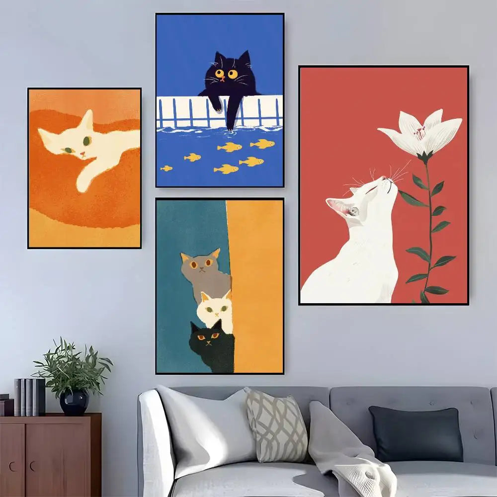 Colorful cute cat in the room Canvas Poster  Waterproof Coffee House Bar fashion Room Decor