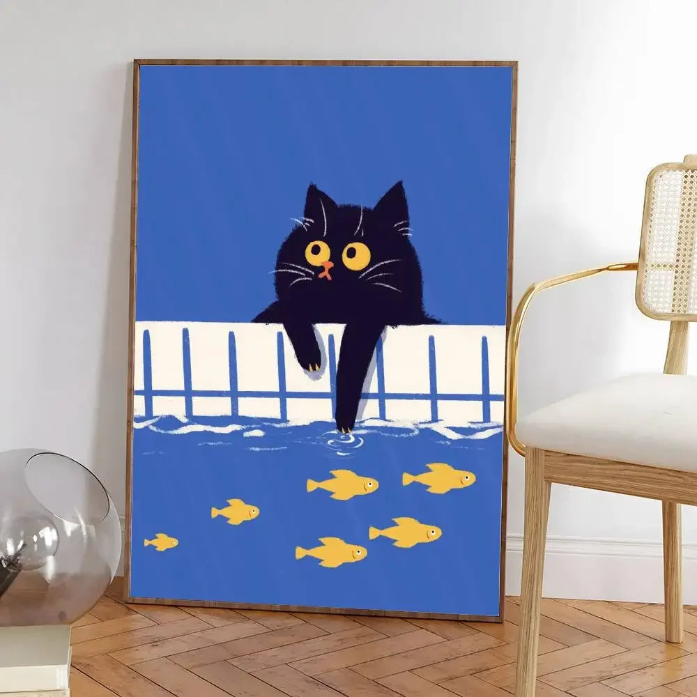 Colorful cute cat in the room Canvas Poster  Waterproof Coffee House Bar fashion Room Decor